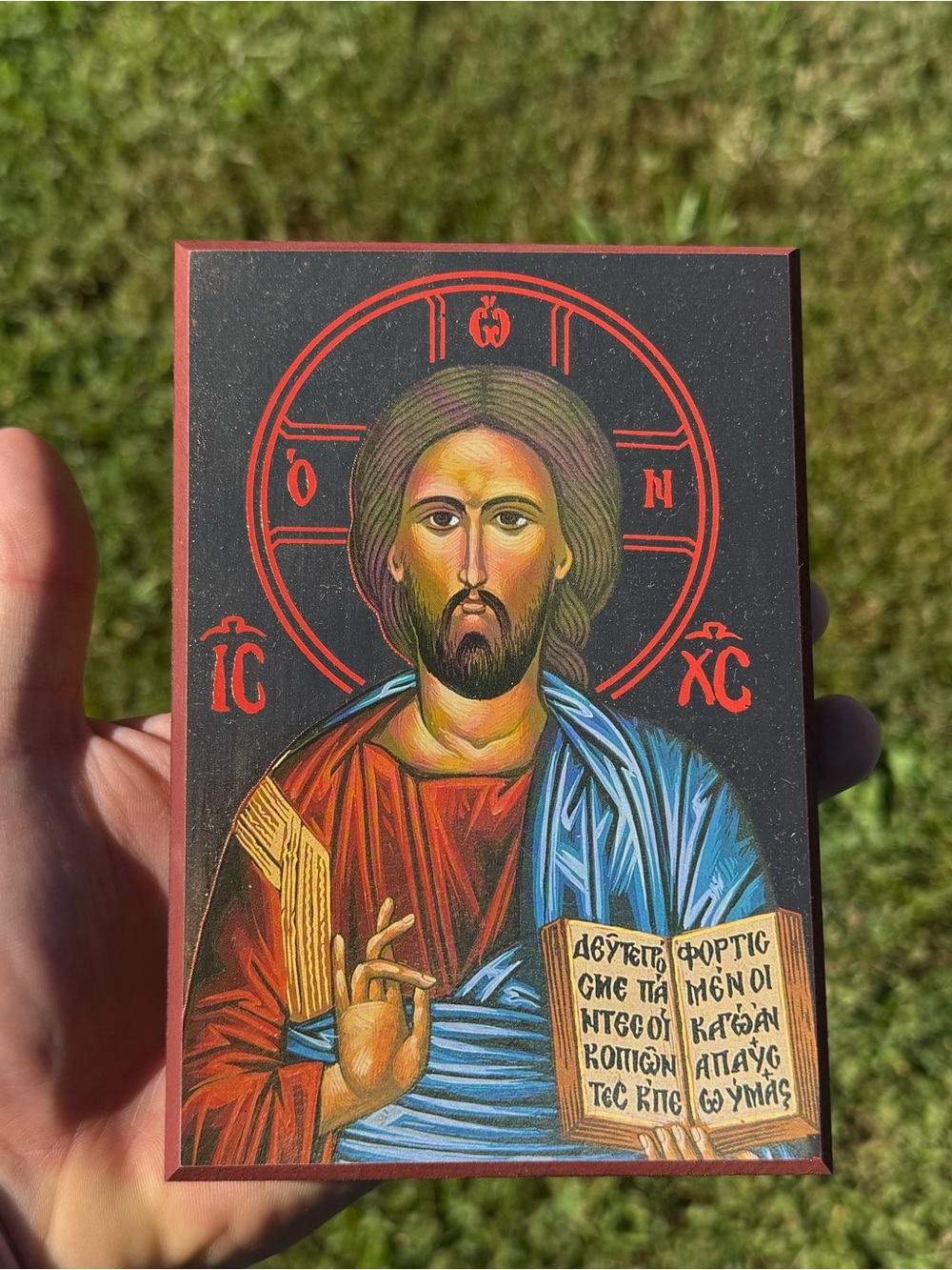 Hand-Painted Religious Icon Plaque in Red and Blue
